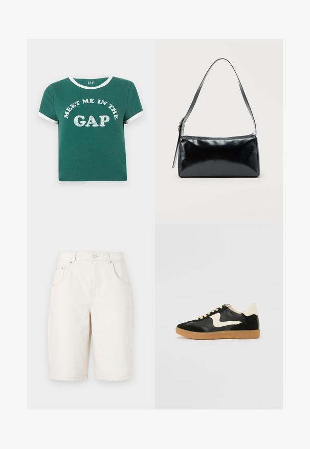 T-shirt en coton vert avec un col blanc et des accents de manches blancs. Présente "REJOINS-MOI DANS LE CREUX" en grosses lettres scintillantes sur le devant.; Short en jean blanc taille haute longueur genou avec poches avant, passants pour ceinture et fermeture par bouton métallique.; Baskets en daim et cuir noir avec un swoosh latéral crème et un talon crème clair. Dotées de lacets beige et d'une semelle en caoutchouc gomme.; Sac d'épaule rectangulaire noir avec une sangle réglable unique et une fermeture éclair supérieure sur un fond uni.