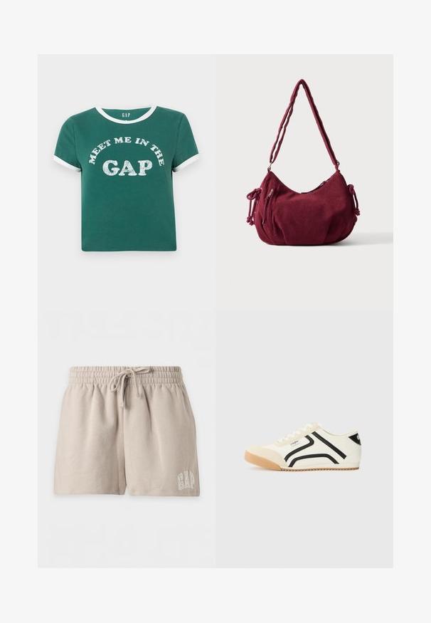 T-shirt en coton vert avec un col blanc et des accents de manches blancs. Présente "REJOINS-MOI DANS LE CREUX" en grosses lettres scintillantes sur le devant.; Short beige en tissu doux avec taille élastique et cordon, avec le logo GAP brodé sur la partie inférieure de la jambe droite.; Baskets en toile blanches avec des accents et des rayures noires, bout rond, semelle en caoutchouc et un logo subtil. Tissu texturé avec des superpositions lisses.; Sac d'épaule en velours côtelé bordeaux doux avec une sangle réglable, fermeture éclair, liens latéraux et une poche avant zippée.