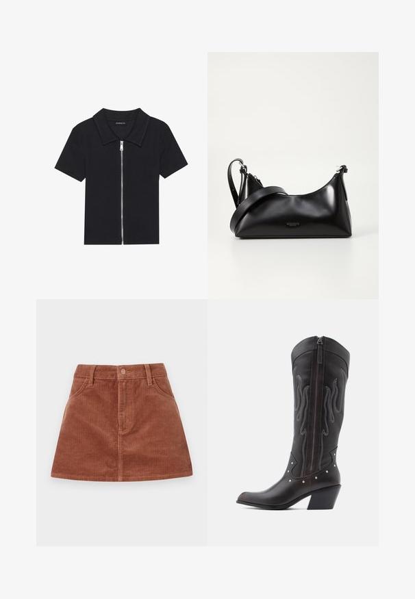 Zwarte polo met korte mouwen en een geribbelde textuur, met een rits aan de voorkant en een puntige kraag. Eenvoudig ontwerp met minimale accenten.; Bruine corduroy mini-jurk met verticale geribde textuur, voorzakken, een knoopsluiting en een rechte snit.; Bruine leren cowboylaarzen met vlamstiksels, zijrits, zilveren studs, spits toelopende neus en gestapelde hak.; Zwarte leren handtas met een gladde textuur. Beschikt over een verstelbare schouderband en een strak, minimalistisch ontwerp met een ritssluiting.