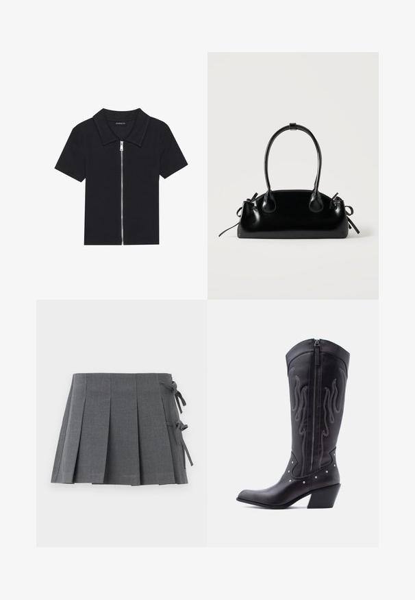 Polo negro de manga corta con textura acanalada, que presenta un cierre frontal con cremallera y un cuello puntiagudo. Diseño simple con acentos mínimos.; Minifalda plisada gris en un tejido texturizado, que presenta un cierre anudado en un lado y una cintura lisa para mayor comodidad.; Botas vaqueras de cuero negro con puntera puntiaguda, costuras visibles, detalles de tachuelas plateadas y cierre de cremallera en el lado interior.; Pequeño bolso negro brillante con dos asas largas y detalles de cordón lateral sobre un fondo claro liso.