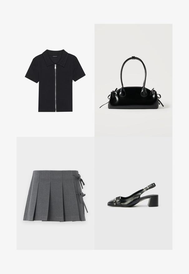 Polo negro de manga corta con textura acanalada, que presenta un cierre frontal con cremallera y un cuello puntiagudo. Diseño simple con acentos mínimos.; Minifalda plisada gris en un tejido texturizado, que presenta un cierre anudado en un lado y una cintura lisa para mayor comodidad.; Tacón slingback de cuero negro con punta afilada, correa texturizada con acentos metálicos circulares y tacón cuadrado apilado.; Pequeño bolso negro brillante con dos asas largas y detalles de cordón lateral sobre un fondo claro liso.