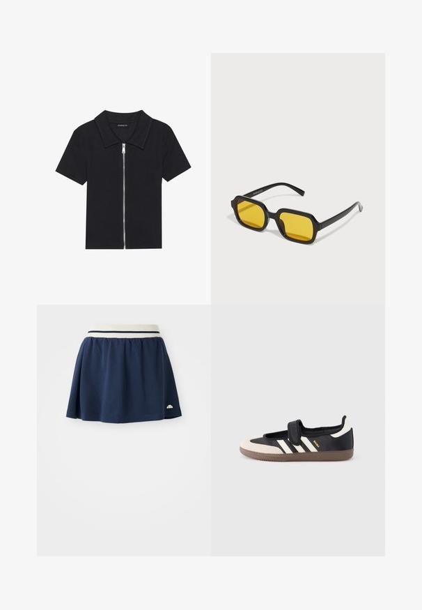 Schwarzes Poloshirt mit kurzen Ärmeln und geripptem Muster, ausgestattet mit einem Reißverschluss vorne und einem spitzen Kragen. Einfaches Design mit minimalen Akzenten.; Marineblauer Rock aus weichem Stoff mit einem weißen elastischen Bund, der zwei marineblaue Streifen und ein kleines Logo am unteren Saum aufweist.; Schwarzer und beiger Sneaker mit Klettverschluss, drei weißen Streifen an der Seite und einer strukturierten braunen Gummisohle. Markenlogo sichtbar.; Schwarze rechteckige Sonnenbrillen mit gelben Gläsern. Merkmale sind dicke Rahmen und ein kantiges Design mit einer glatten, glänzenden Oberfläche.