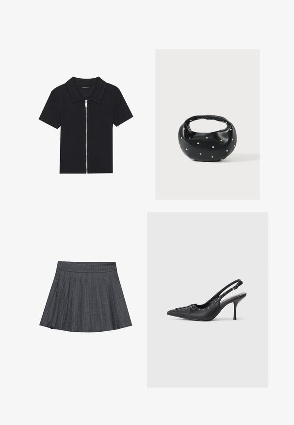 Sort kortærmet polo skjorte med ribbet tekstur, med en lynlåslukning front og en spidse krave. Enkel design med minimale accenter.; Grå stribede skater nederdel med en tætsiddende talje, udformet i A-linje og en blød stofstruktur. Lodrette linjer øger den visuelle interesse.; Sorte læder slingback stiletto med spids tå, side spændebånd, nitter langs kanten og dekorativ snøring foran.; Sort læderhåndtaske med en rundet form, dekoreret med sølvnitter, og et kort håndtag. Glat tekstur og lynlåslukning.