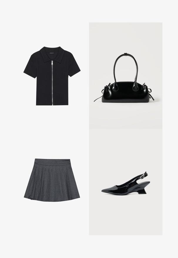 Zwarte polo met korte mouwen en een geribbelde textuur, met een rits aan de voorkant en een puntige kraag. Eenvoudig ontwerp met minimale accenten.; Grijze pinstriped skaterrok met een aansluitende tailleband, uitlopende A-lijnvorm en zachte stoftextuur. Verticale lijnen vergroten de visuele belangstelling.; Zwarte lakleren slingback schoen met spitse neus en lage schuine blokhak op een effen lichte achtergrond.; Kleine zwarte glanzende handtas met twee lange hengsels en zijkant trekkoord details op een effen lichte achtergrond.