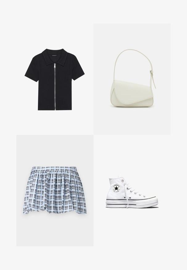 Polo negro de manga corta con textura acanalada, que presenta un cierre frontal con cremallera y un cuello puntiagudo. Diseño simple con acentos mínimos.; Falda a cuadros azul y blanca con cinturilla elástica y diseño gathered, con líneas marinas que crean un patrón texturizado.; Zapatilla blanca de caña alta Converse Chuck Taylor All Star con parche de logo negro y cordones blancos, presentada sobre fondo blanco.; Bolso de mano de imitación cuero blanco con una forma triangular estructurada, correa ajustable única y cierre con solapa acentuada en curva.