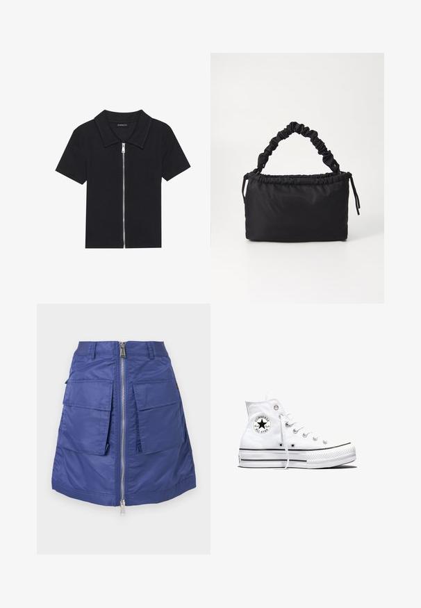 Zwarte polo met korte mouwen en een geribbelde textuur, met een rits aan de voorkant en een puntige kraag. Eenvoudig ontwerp met minimale accenten.; Navyblauwe rok van nylon met een ritssluiting aan de voorkant. Voorzien van twee grote opgestikte zakken en een gestructureerde Silhouet. Glad textuur.; Witte hoge Converse Chuck Taylor All Star sneaker met zwart logopatch en witte veters, weergegeven op een witte achtergrond.; Zwarte tas gemaakt van zacht, gladde stof. Beschikt over een geplooide handgreep en een trekkoordsluiting, met een rechthoekige vorm en geen zichtbare hardware.
