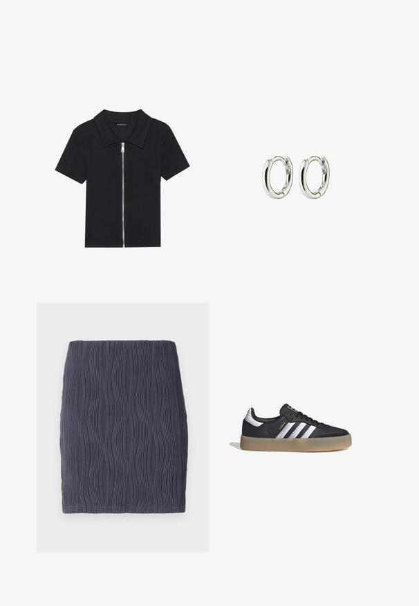 Polo negro de manga corta con textura acanalada, que presenta un cierre frontal con cremallera y un cuello puntiagudo. Diseño simple con acentos mínimos.; Falda mini ajustada de color gris oscuro con un patrón texturizado en forma de ondas y un acabado suave. Diseñada con un dobladillo recto y sencillo.; Zapatilla deportiva de cuero negro con tres rayas plateadas, punta texturizada y suela de goma. Cuenta con un collar acolchado y un diseño con cordones.; Pendientes de aro de plata con un acabado suave y brillante. Forma redondeada con un cierre seguro. Diseño minimalista que presenta un sutil detalle retorcido.