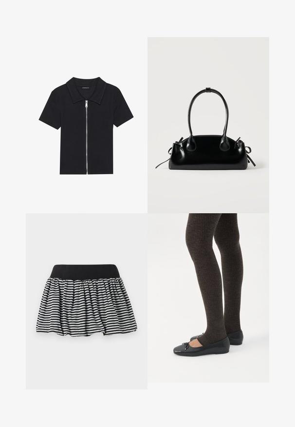 Sort kortærmet polo skjorte med ribbet tekstur, med en lynlåslukning front og en spidse krave. Enkel design med minimale accenter.; Stribet sort og hvid nederdel med et samlet design og elastisk talje, lavet af blødt materiale. Har en udvidet form for fylde.; Ben iført mørke ribbede leggings kombineret med sorte balletsko med små sløjfedetaljer på hvid baggrund.; Lille sort blank håndtaske med to lange håndtag og snøre-detaljer i siden på en ensfarvet lys baggrund.