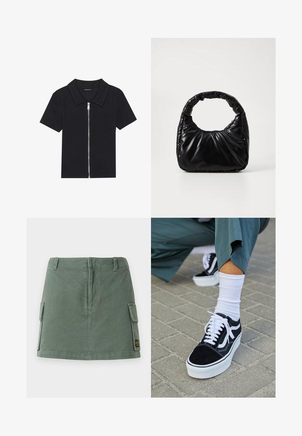 Schwarzes Poloshirt mit kurzen Ärmeln und geripptem Muster, ausgestattet mit einem Reißverschluss vorne und einem spitzen Kragen. Einfaches Design mit minimalen Akzenten.; Grüne Jeansrock mit einem taillierten Bund, zwei Seitentaschen und einem Patch unten rechts. Glatte Textur mit einem subtilen Glanz.; Schwarze Wildledersneaker mit weißen Akzenten und Schnürsenkeln, ausgestattet mit einer dicken weißen Sohle und kontrastierenden Nähten, kombiniert mit einer weißen Socke.; Schwarze gepolsterte Handtasche mit einem runden Griff, die eine glatte, glänzende Oberfläche und eine weiche, gestepfte Textur aufweist. Keine sichtbare Hardware oder Akzente.