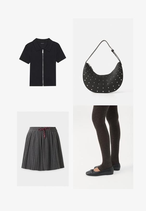 Polo negro de manga corta con textura acanalada, que presenta un cierre frontal con cremallera y un cuello puntiagudo. Diseño simple con acentos mínimos.; Falda plisada gris oscuro con cintura elástica y cordón granate atado en el centro delantero.; Piernas con leggings oscuros acanalados combinados con bailarinas negras que presentan pequeños detalles de lazo sobre un fondo blanco.; Bolso de mano de cuero negro con forma curva, adornado con tachuelas plateadas, cuenta con cierre de cremallera y una sola correa ajustable.