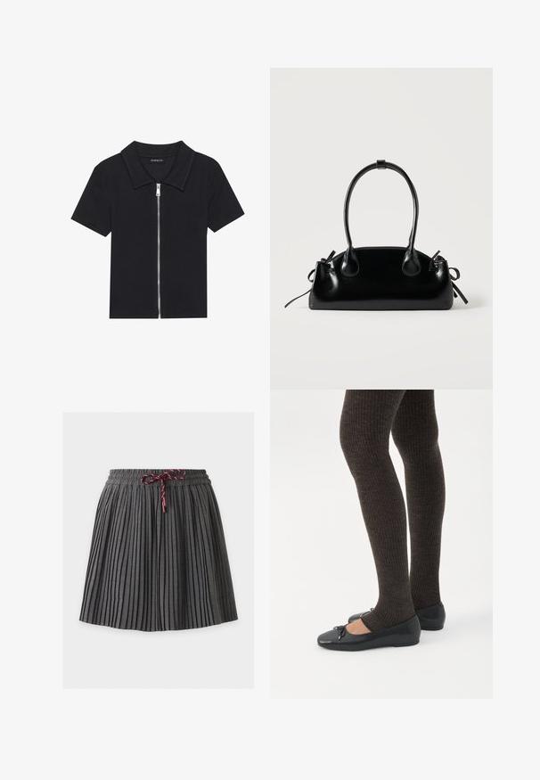 Zwarte polo met korte mouwen en een geribbelde textuur, met een rits aan de voorkant en een puntige kraag. Eenvoudig ontwerp met minimale accenten.; Donkergrijze geplooide rok met een elastische tailleband en een gebonden bordeaux koord aan de voorkant in het midden.; Benen met donkere geribbelde leggings gecombineerd met zwarte ballerina's met kleine strikdetails op een witte achtergrond.; Kleine zwarte glanzende handtas met twee lange hengsels en zijkant trekkoord details op een effen lichte achtergrond.