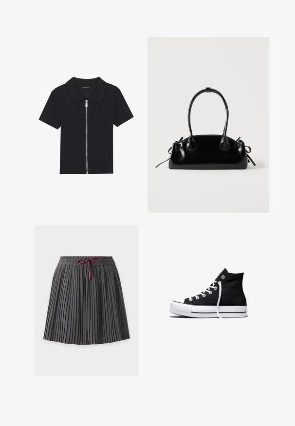 Schwarzes Poloshirt mit kurzen Ärmeln und geripptem Muster, ausgestattet mit einem Reißverschluss vorne und einem spitzen Kragen. Einfaches Design mit minimalen Akzenten.; Dunkelgrauer plissierter Rock mit elastischem Bund und in der vorderen Mitte gebundener weinroter Kordel.; Schwarzer High-Top-Canvas-Sneaker mit weißer Gummisohle und weißen Schnürsenkeln, seitlich dargestellt vor weißem Hintergrund.; Kleine schwarze glänzende Handtasche mit zwei langen Griffen und seitlichen Kordelzug-Details vor einfachem hellem Hintergrund.