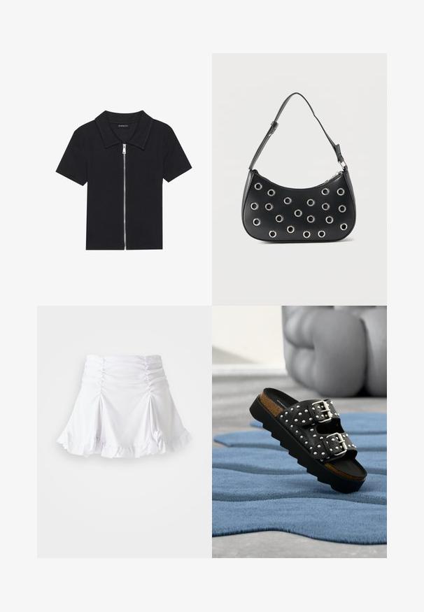 Polo negro de manga corta con textura acanalada, que presenta un cierre frontal con cremallera y un cuello puntiagudo. Diseño simple con acentos mínimos.; Falda blanca de tela texturizada con detalles fruncidos y dobladillo con volantes. Presenta un diseño acampanado con una cintura ajustada.; Sandalia negra tipo chancla con doble hebilla plateada, diseño con tachuelas, plantilla de corcho y suela gruesa de plataforma negra sobre una alfombra azul texturizada.; Bolso de hombro de cuero negro con correa ajustable, adornos de ojales metálicos plateados y cierre superior con cremallera.