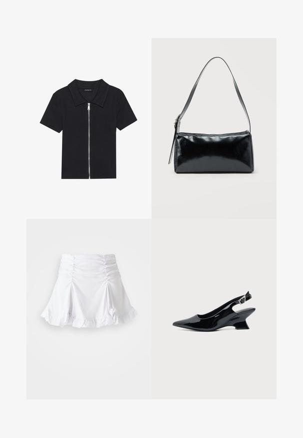 Polo negro de manga corta con textura acanalada, que presenta un cierre frontal con cremallera y un cuello puntiagudo. Diseño simple con acentos mínimos.; Falda blanca de tela texturizada con detalles fruncidos y dobladillo con volantes. Presenta un diseño acampanado con una cintura ajustada.; Zapato slingback de cuero charol negro con puntera puntiaguda y tacón bajo en bloque inclinado sobre fondo claro liso.; Bolso de hombro rectangular negro con una correa ajustable y un cierre de cremallera superior sobre un fondo liso.