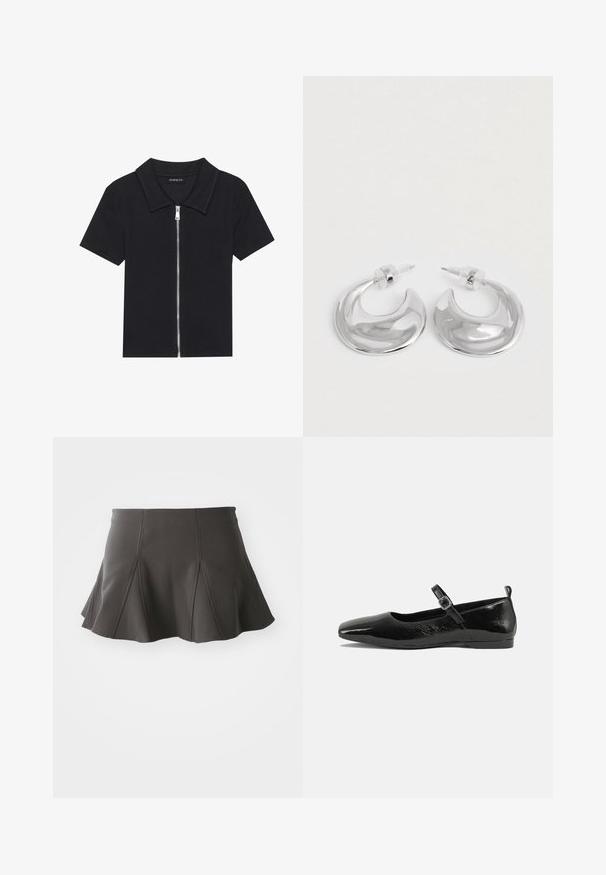 Sort kortærmet polo skjorte med ribbet tekstur, med en lynlåslukning front og en spidse krave. Enkel design med minimale accenter.; Sort flared nederdel med en tætsiddende talje, der har lodrette syninger og en glat tekstur. Sømmen er let buet og går lige over midten af låret.; Sorte patentlæder flade sko med spidse tæer, en ankelrem med spænde og en glat, blank tekstur. Lav hæl for komfort.; Et par polerede sølv halvmåneformede hoop øreringe med klare plastikbagsider på en hvid overflade.