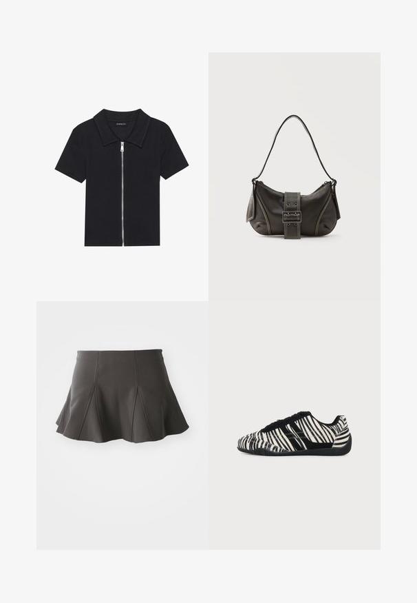 Polo shirt noir à manches courtes avec texture côtelée, présentant un col pointe et une fermeture éclair à l'avant. Design simple avec des accents minimaux.; Jupe noire évasée avec une taille ajustée, présentant des coutures verticales et une texture lisse. L'ourlet est légèrement incurvé et se situe au-dessus de mi-cuisse.; Baskets à lacets noires et blanches avec motif rayures zèbre et semelle noire texturée sur un fond clair uni.; Sac à épaule en cuir noir avec une sangle à boucle, des bords arrondis et des coutures blanches contrastées sur un fond uni.