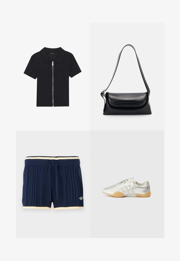 Zwarte polo met korte mouwen en een geribbelde textuur, met een rits aan de voorkant en een puntige kraag. Eenvoudig ontwerp met minimale accenten.; Marineblauwe gebreide shorts met geribbelde textuur, crèmekleurige bies aan de tailleband en zoom, trekkoord aan de voorkant en Adidas-logo op het linkerbeen.; Zilveren sportschoen met een glad leren bovenwerk, rubberen zool en gestructureerde accenten. Heeft een gebogen ontwerp en tonale veters.; Zwarte leren handtas met een gestructureerde vorm, een gladde textuur en een enkele schouderband. Heeft een subtiele, afgeronde klepontwerp.