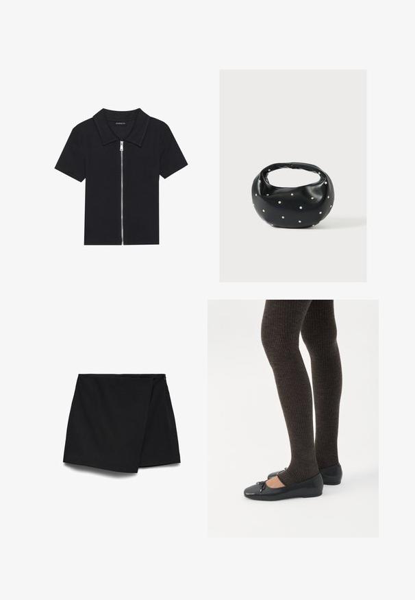 Polo negro de manga corta con textura acanalada, que presenta un cierre frontal con cremallera y un cuello puntiagudo. Diseño simple con acentos mínimos.; Mini falda negra asimétrica con delantero cruzado y cierre lateral con cremallera.; Piernas con leggings oscuros acanalados combinados con bailarinas negras que presentan pequeños detalles de lazo sobre un fondo blanco.; Bolso de mano de cuero negro con forma redondeada, decorado con detalles de tachuelas plateadas y un asa corta. Textura lisa y cierre con cremallera.