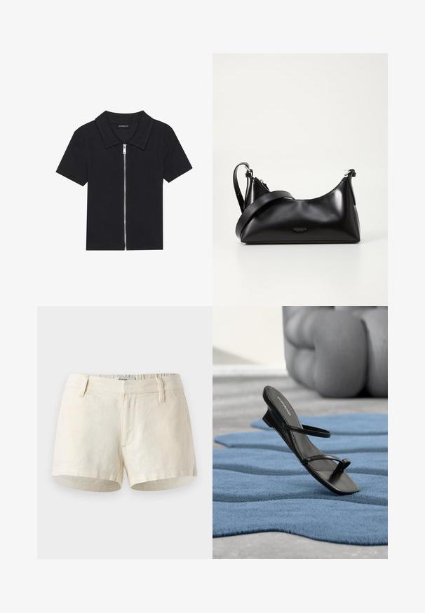 Schwarzes Poloshirt mit kurzen Ärmeln und geripptem Muster, ausgestattet mit einem Reißverschluss vorne und einem spitzen Kragen. Einfaches Design mit minimalen Akzenten.; Helle beige Shorts aus Leinen. Mit flachem Bündchen, Fronttaschen und einem sauberen Saum. Einfaches, minimalistisches Design.; Schwarze Riemchensandale mit Zehenring, auf einem blau strukturierten Teppich präsentiert, mit einem großen grauen Dekorationsobjekt unscharf im Hintergrund.; Schwarze lederne Handtasche mit glatter Textur. Verfügt über einen verstellbaren Riemen und ein elegantes, minimalistisches Design mit einem Reißverschluss.