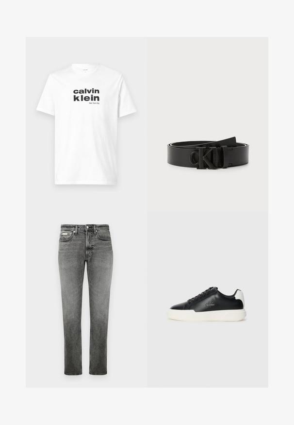 Witte katoenen t-shirt met gedurfde zwarte tekst: "calvin klein" en "New York City." Klassieke ronde halslijn en korte mouwen.; Rechtersnit grijze denim jeans met voorzakken, riemlussen, knoopsluiting en subtiele vervaagde details.; Zwarte leren sneakers met een witte rubberen zool. Voorzien van een ronde neus, vetersluiting en logodetail aan de zijkant. Achteraccent in het wit.; Zwarte leren riem met een gladde afwerking, ronde gesp met het reliëf 'CK' logo en verstelbare lengte. Eenvoudig en klassiek ontwerp.