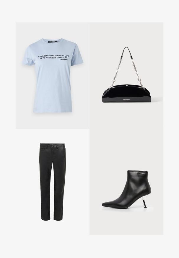 Γαλάζιο βαμβακερό T-shirt με κοντό μανίκι, με εκτύπωση μαύρου κειμένου: "ΤΟ ΟΥΣΙΑΣΤΙΚΟ ΣΤΗ ΖΩΗ ΕΙΝΑΙ ΝΑ ΞΑΝΑΕΦΕΡΕΙΣ ΤΟΝ ΕΑΥΤΟ ΣΟΥ."; Μαύρα τζιν από denim, με τυπικό σχέδιο πέντε τσεπών, ίσια γραμμή και μια διακριτική γυαλάδα πάνω στο ύφασμα.; Μαύρο δερμάτινο μποτάκι αστραγάλου με μυτερή μύτη και λαμπερό ασημί τακούνι στιλέτο σε λευκό φόντο.; Μαύρη γυαλιστερή τσάντα με αλυσίδα σε ασημί χρώμα και μικρό λογότυπο KARL LAGERFELD μπροστά, σε απλό φωτεινό φόντο.