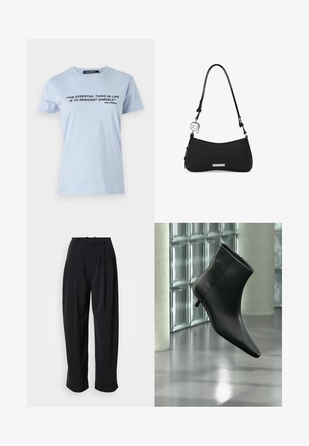 Camiseta de algodón azul claro con mangas cortas, que presenta una impresión de texto en negro: "LA COSA ESENCIAL EN LA VIDA ES REINVENTARSE A SÍ MISMO."; DRYKORN INK - Pantalones - black; Botín negro de cuero con punta puntiaguda y tacón bajo estilo kitten, mostrado en ángulo sobre un suelo pulido y con una pared de bloques de vidrio de fondo.; Bolso negro de hombro con base curva, correa ajustable, placa metálica con el logo y un charm plateado con forma de cara con gafas de sol.
