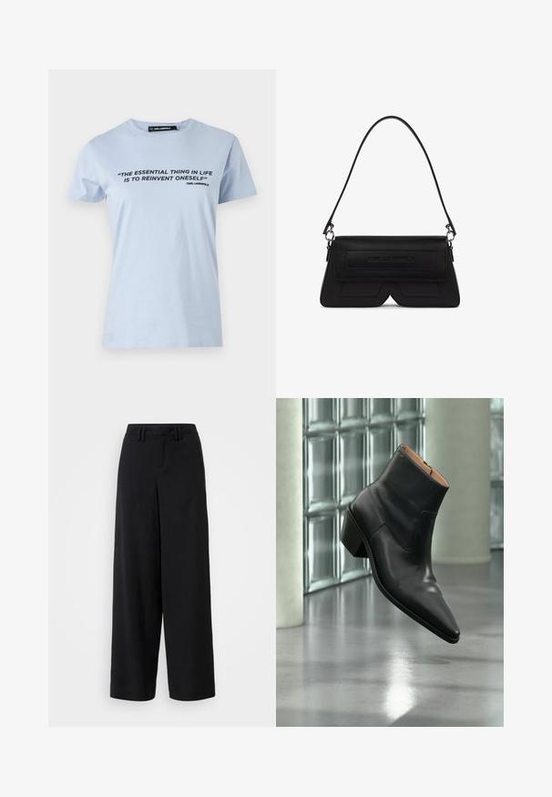Camiseta de algodón azul claro con mangas cortas, que presenta una impresión de texto en negro: "LA COSA ESENCIAL EN LA VIDA ES REINVENTARSE A SÍ MISMO."; Pantalones de pierna ancha negros, hechos de una tela suave, con un diseño de frente plano, detalles plisados y trabillas en la cinturilla.; Botín de piel negra con puntera puntiaguda y tacón cuadrado que levita sobre un suelo gris reflectante cerca de una pared de bloques de cristal.; Bolso de hombro negro con forma de trapecio, con solapa, logo en relieve en el frente y una sola correa delgada unida por anillas plateadas.
