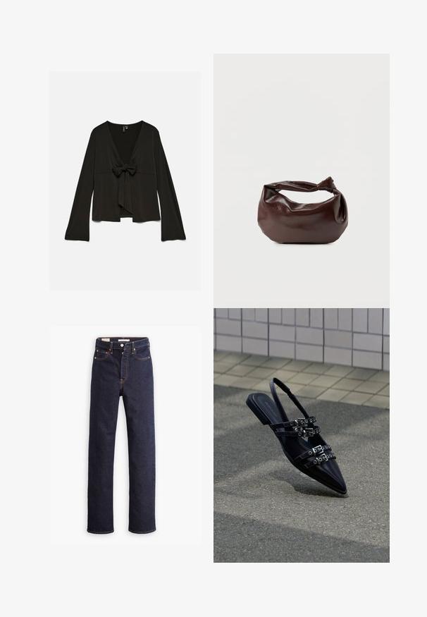 Zwarte blouse met lange mouwen, diepe V-hals en strikdetail aan de voorkant, losse pasvorm en licht uitlopende mouwen.; Donkerblauwe straight-leg denim jeans met vijf zakken en zichtbare oranje stiksels op een witte achtergrond.; Zwarte sandaal met platte zool en spitse neus, voorzien van meerdere gespsluitingen en een slingback, geplaatst boven een verhard oppervlak en een tegelmuur op de achtergrond.; Donkerbruine leren schoudertas met een zachte, slungelige vorm en een gedraaide knoopvormige handgreep op een effen witte achtergrond.