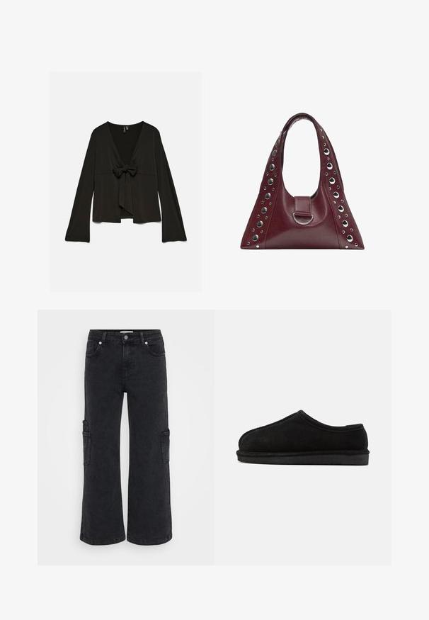 Čierna blúzka s dlhým rukávom, hlbokým výstrihom do V a mašľou vpredu, voľný strih a mierne rozšírené rukávy.; Čierne džínsy s cargo strihom a širokými nohavicami, s prednými vreckami a bočnými cargo vreckami. Hladká textúra a klasický dizajn s piatimi vreckami.; Bianco Backless Loafer BIASNOW - Šľapky - black; Kožená kabelka bordovej farby v tvare trojuholníka, s jedným remienkom, striebornými okrúhlymi cvočkmi po okrajoch a so stredovým strieborným kruhovým detailom.