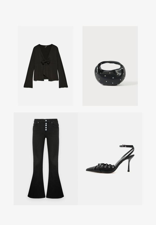 Sort bluse med lange ærmer, dyb V-udskæring og bindebånd foran, løs pasform og let udringede ærmer.; Sorte jeans med flare og høj talje, fem-knaps lukning, blød denimbeklædning og diskrete syningsdetaljer på lommer og syninger.; Sort spids hæl med bølgede kanter, metaløjer, snørelukning foran og ankelrem med spænde.; Sort læderhåndtaske med en rundet form, dekoreret med sølvnitter, og et kort håndtag. Glat tekstur og lynlåslukning.