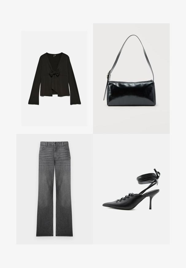 Sort bluse med lange ærmer, dyb V-udskæring og bindebånd foran, løs pasform og let udringede ærmer.; Grå denim brede ben jeans med en middel vask, der har design med fem lommer, frontknaplukning og diskrete sømdetaljer.; Sort spids sko med høje hæle, snørelukning foran og omlægning omkring anklerne bundet med sløjfe, vist fra siden på hvid baggrund.; Sort rektangulær skuldertaske med en enkelt justerbar rem og lynlås i toppen på en ensfarvet baggrund.