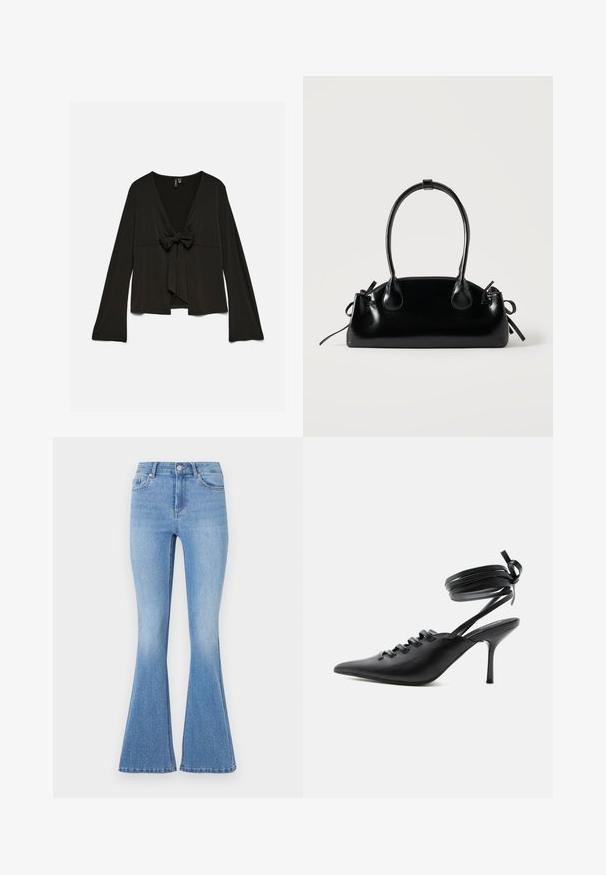 Zwarte blouse met lange mouwen, diepe V-hals en strikdetail aan de voorkant, losse pasvorm en licht uitlopende mouwen.; Lichtblauwe flare jeans met een fijne denim textuur, versierd met verspreide zilveren studs aan de voorkant en een klassieke vijf-pocket ontwerp.; Zwarte pumps met spitse neus en hoge hak, met veters aan de voorkant en riempjes die rond de enkel wikkelen en zijn gestrikt in een strik, gezien vanaf de zijkant tegen een witte achtergrond.; Kleine zwarte glanzende handtas met twee lange hengsels en zijkant trekkoord details op een effen lichte achtergrond.