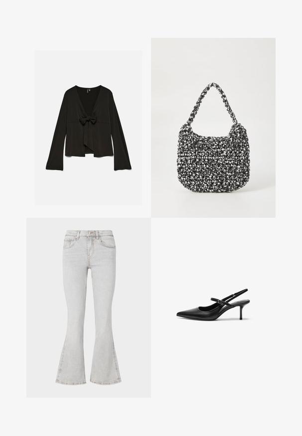 Sort bluse med lange ærmer, dyb V-udskæring og bindebånd foran, løs pasform og let udringede ærmer.; Lys grå flared jeans med et klassisk fem-lomme design, slim fit gennem låret og flagrende nederste del ved anklen.; Sorte læder slingback hæle med spids tå, slank justerbar rem og en stiletto hæl på cirka 5 cm, glat tekstur.; Vævet håndtaske i sort og hvid med en rund form, tekstureret overflade og et fletet håndtag. Velegnet til afslappet brug.