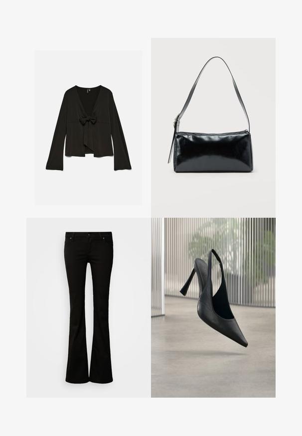 Sort bluse med lange ærmer, dyb V-udskæring og bindebånd foran, løs pasform og let udringede ærmer.; Bukser med bootcut til sorte kvinder med knap- og lynlåslukning, bæltestropper samt for- og baglommer, vist mod en hvid baggrund.; Sort læder slingback stilet hælsko med spids tå, svævende over en glat beton gulv og vertikal metal panel baggrund.; Sort rektangulær skuldertaske med en enkelt justerbar rem og lynlås i toppen på en ensfarvet baggrund.