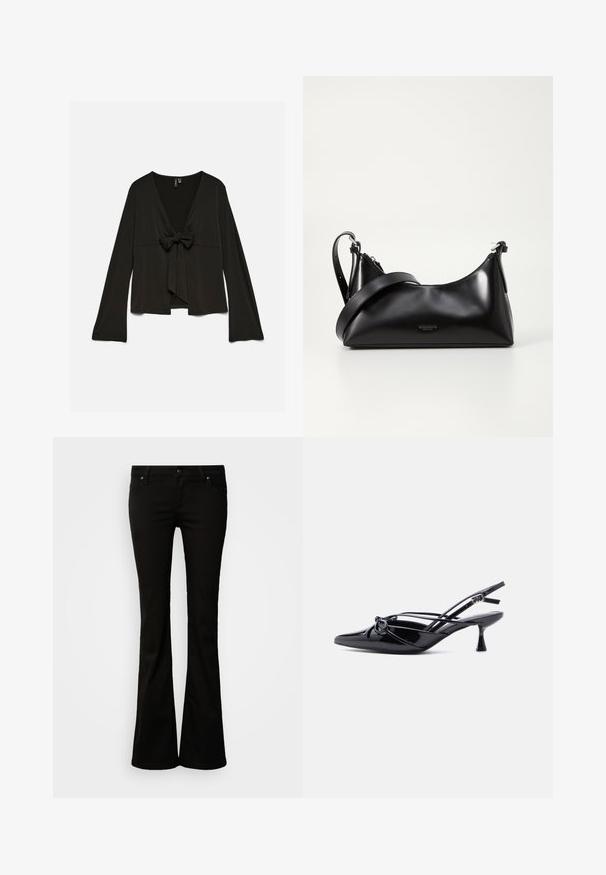 Zwarte blouse met lange mouwen, diepe V-hals en strikdetail aan de voorkant, losse pasvorm en licht uitlopende mouwen.; Zwarte bootcut-broek voor vrouwen met knoop- en ritssluiting, riemlussen en voor- en achterzakken, afgebeeld tegen een witte achtergrond.; Zwarte slingback pump van lakleer met een spits toelopende neus, lage kittenhak en decoratieve knoopstrik aan de voorkant.; Zwarte leren handtas met een gladde textuur. Beschikt over een verstelbare schouderband en een strak, minimalistisch ontwerp met een ritssluiting.