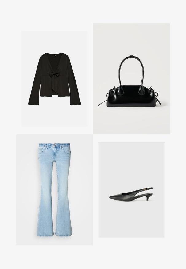 Sort bluse med lange ærmer, dyb V-udskæring og bindebånd foran, løs pasform og let udringede ærmer.; Lyseblå bootcut-jeans lavet af denim. Indeholder fem lommer, knaplukning og en falmet vask med subtile krøller.; Sorte spidse slingback-sko lavet af glat læder. Har en tynd hæl og en spænde detalje på den justerbare rem.; Lille sort blank håndtaske med to lange håndtag og snøre-detaljer i siden på en ensfarvet lys baggrund.