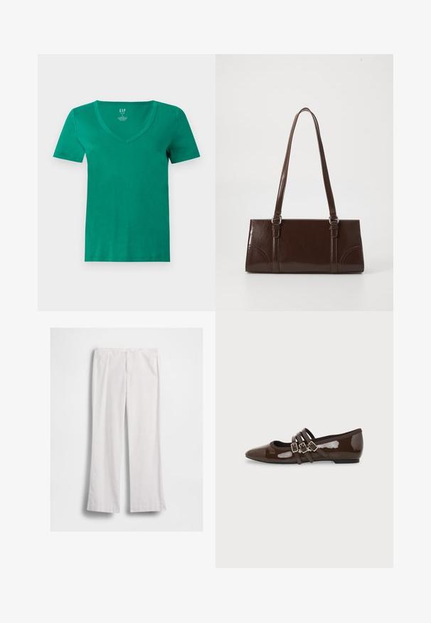 T-shirt vert en coton à manches courtes et col en V, présenté à plat, avec une étiquette de marque GAP visible à l’intérieur du col sur un fond gris clair.; Pantalon blanc à jambes droites avec fermeture éclair et bouton à l'avant, présenté à plat sur fond blanc.; Chaussure plate en cuir verni marron avec bout pointu et trois brides ajustables à boucle sur le côté, vue du profil extérieur.; Sac à main en cuir verni marron de forme rectangulaire, avec deux longues poignées et des accents courbés subtils à l'avant.