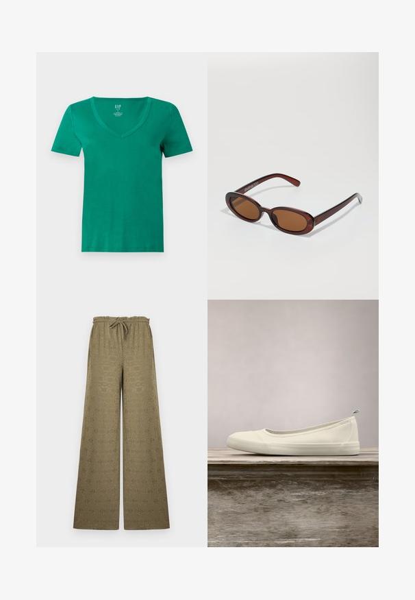 T-shirt vert en coton à manches courtes et col en V, présenté à plat, avec une étiquette de marque GAP visible à l’intérieur du col sur un fond gris clair.; Pantalon kaki à jambes larges avec motif à œillets, taille élastique et cordon, présenté sur un fond clair uni.; Chaussure en toile blanche à enfiler flottant au-dessus d'une table en bois en plein air, avec de l'herbe verte et des plantes en arrière-plan.; Lunettes de soleil rondes teinte brun avec une monture bordeaux brillante. Branches fines avec un détail de marque subtil. Design de verres plats.