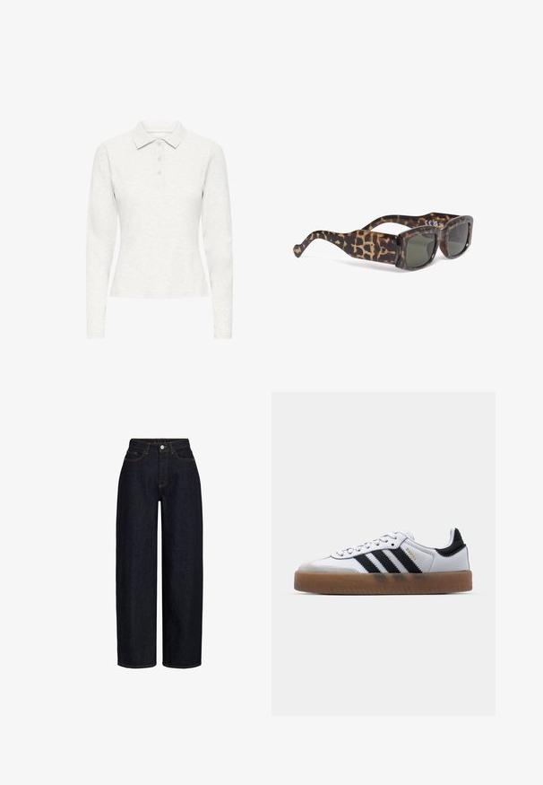 Camisa polo blanca de manga larga con tres botones, fabricada en un tejido suave y texturizado, con un cuello clásico, mostrada de frente sobre un fondo plano.; Vaqueros de mezclilla oscura de pierna ancha con cintura alta, que cuentan con bolsillos frontales, cierre de cremallera y detalle de costuras en contraste. Textura suave.; Zapatillas de cuero blancas con rayas negras, suela de goma, puntera redonda, cierre de cordones y caperuza de ante gris suave.; Gafas de sol de carey marrón con lentes verdes, de forma cuadrada, con patas gruesas que tienen un estampado de leopardo y un sutil detalle de marca en el costado.