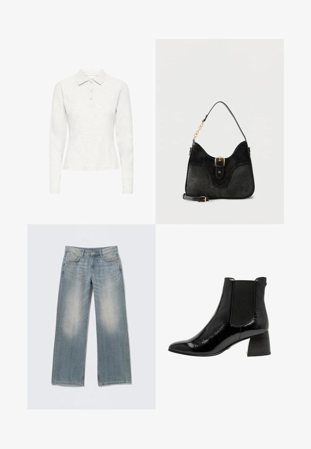 Langærmet hvid polo t-shirt med tre knapper, blødt tekstureret stof og klassisk krave, vist frontalt på en ensfarvet baggrund.; Lyseblå jeans med vide ben og falmet finish, lavet af denim. Har bæltestropper, forlommer og lynlås med knaplukning.; Sorte patentlæder ankelstøvler med spids tå, elastiske sidepaneler og en blokhæl i mellemhøjde. Glat tekstur med en blank overflade.; Sort lædertaske med guldfarvet spænde, en skulderrem med kædelinks og en aftagelig justerbar crossbody-rem.