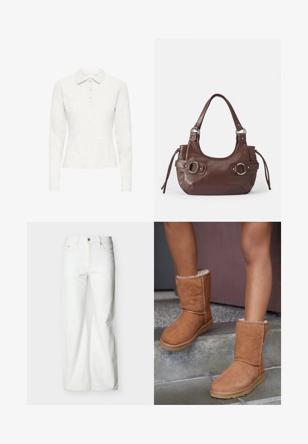 Wit poloshirt met lange mouwen en drie knopen, van zacht textiel, met een klassieke kraag, weergegeven vanuit het front tegen een effen achtergrond.; Witte jeans met rechte pijpen en hoge taille, voorzien van een knoopsluiting aan de voorkant, rits, en zij- en achterzakken, tegen een effen lichte achtergrond.; Bruine suède enkellaarsjes met een ronde neus, zachte voering en een rubberen zool, met zichtbaar stiksel langs de naden.; Bruine leren handtas met ronde vorm, zilveren hardware, twee zijriemen en een gladde textuur. Beschikt over een enkele handgreep aan de bovenkant.