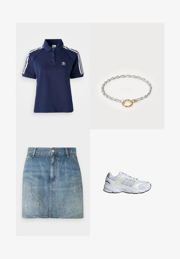 Navy Polohemd aus Baumwollmischung mit Kragen, drei Knöpfen und weißen Streifen an den Schultern; verfügt über ein gesticktes Logo.; Denim-Minirock mit vorderen Knöpfen, Gürtelschlaufen, geschwungenen Fronttaschen und leichten Used-Details an Taschen und Saum.; Weißer Sportschuh aus atmungsaktivem Mesh und synthetischen Materialien, mit drei silbernen Streifen, strukturiertem Gummisohle und gepolstertem Kragen.; Silberne Kettenarmband mit verdrehten Gliedern und einem goldenen runden Akzent in der Mitte, der ein glattes metallisches Finish aufweist.