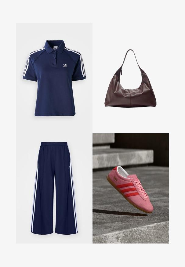 T-paita laivastonsinistä puuvillasekoitetta, jossa on kaulus, kolme nappia ja valkoiset raidat olkapäillä; varustettu brodeeratulla logolla.; adidas Originals PANT - Verryttelyhousut - night indigo; Vaaleanpunainen mokkanahkainen tennari, jossa punaiset raidat, kumipohja ja vaaleanpunaiset nauhat. Sivussa on "Adidas Gazelle" -logo.; Tummanruskea nahkainen olkalaukku, jossa on yksittäinen hihna ja vetoketju yhdellä sivulla, pehmeä ja rennon mallinen rakenne sekä sileä pinta.