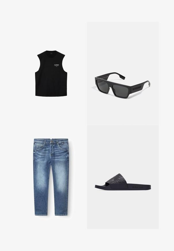 Schwarzes, ärmelloses Top mit Rundhalsausschnitt und "ALLSAINTS"-Logo sowie kleinem weißen Text auf der linken Brust.; Gabba ALEX CROS - Jeans Straight Leg - mid blue denim; Schwarze Slidesandale mit strukturiertem Zebramusterriemen und geprägt „PS Paul Smith"-Logo an der seitlichen Sohle.; Schwarze Sonnenbrille mit rechteckiger Form, mattem Finish und grauen Gläsern. Mit eingeprägtem Logo an den Bügeln. Klassisches Design.