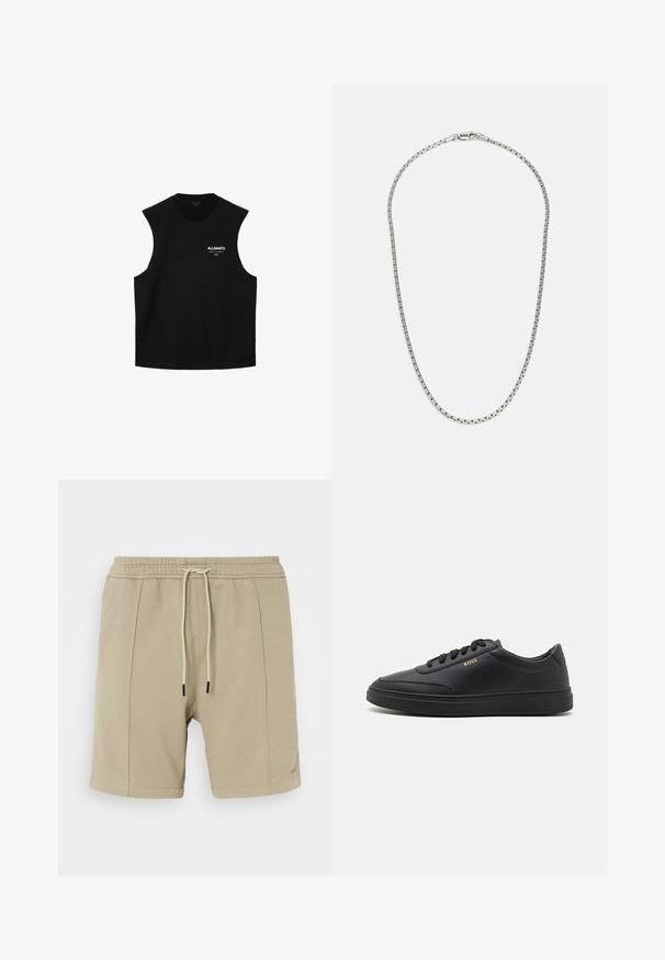 Zwarte mouwloze top met ronde hals en "ALLSAINTS"-logo en kleine witte tekst op de linkerborst.; Beige shorts van gestructureerde stof, voorzien van een elastische tailleband met trekkoord en twee zij naden. Eenvoudig ontwerp, geen zichtbare patronen.; Zwarte leren sneakers met een gladde textuur, ronde neus, platte rubberen zool en tonale veters. Kenmerkt zich door de gouden "BOSS" branding aan de zijkant.; Zilveren ketting met een afwisselend schakeldesign. Bevat platte, rechthoekige schakels en een veilige sluiting, met een soepele textuur overal.