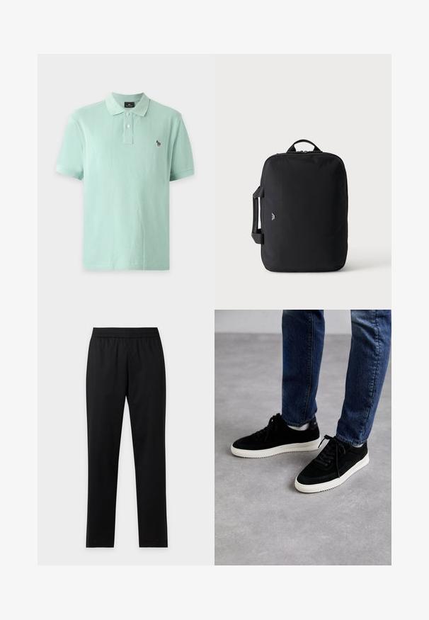 Polo vert clair à manches courtes avec deux boutons blancs et petit logo zèbre brodé sur la poitrine gauche.; Pantalon noir droit avec taille élastique, sans poches visibles ni motifs, présenté à plat sur un fond clair.; Des baskets en suède noir avec une semelle en caoutchouc blanc, présentant un design classique à talon bas, un bout rond et des lacets plats noirs.; Sac de voyage rectangulaire noir avec poignées en haut et sur les côtés, design minimaliste et petit logo à l'avant sur un fond clair uni.