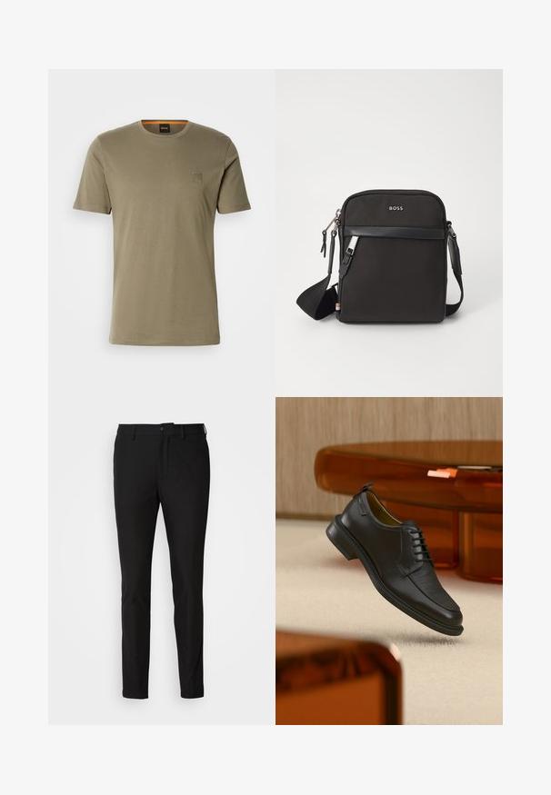Olijfgroene T-shirt met korte mouwen van katoen, met een ronde hals en een klein vierkant logo-opbroekje op de linkerkant van de borst. Soepele textuur.; Zwarte slim fit broek met een knoopsluiting, ritssluiting en twee zijzakken. Glad materiaal met een matte afwerking.; Zwarte leren veterschoen in de stijl van een nette schoen met een gestructureerd vooraanzicht, zwevend boven een beige tapijt in een moderne kamer met amberkleurige meubelen.; Zwarte schoudertas van textuurstof, met logo aan de voorkant, ritssluiting en verstelbare schouderband. Voorzien van een gladde leren rand.