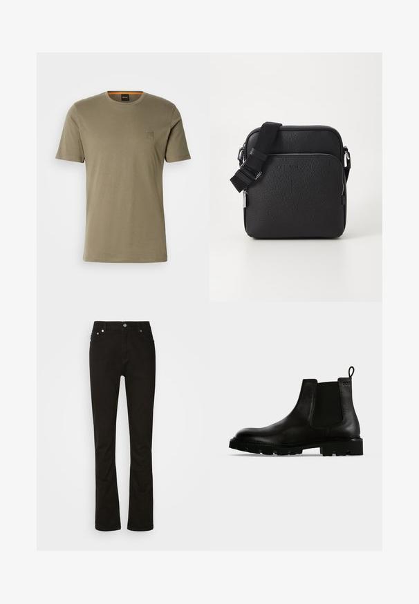 Olivegrünes Kurzarm-T-Shirt aus Baumwolle mit Rundhalsausschnitt und einem kleinen quadratischen Logopatch auf der linken Brust. Glatte Textur.; Schwarze Jeans aus Denim mit geradem Bein, ausgestattet mit vorderen Taschen, einem Reißverschluss und silbernen Hardware-Details. Glatte Textur, ohne Muster.; Schwarzer Chelsea-Boot aus Leder bis zum Knöchel mit dicker Profilsohle, elastischen Seiteneinsätzen und Zuglasche auf einfarbigem Hintergrund.; Schwarze Leder-Crossbody-Tasche mit strukturierter Oberfläche, ausgestattet mit einer vorderen Reißverschlusstasche, verstellbarem Riemen und metallenen Hardware-Details.
