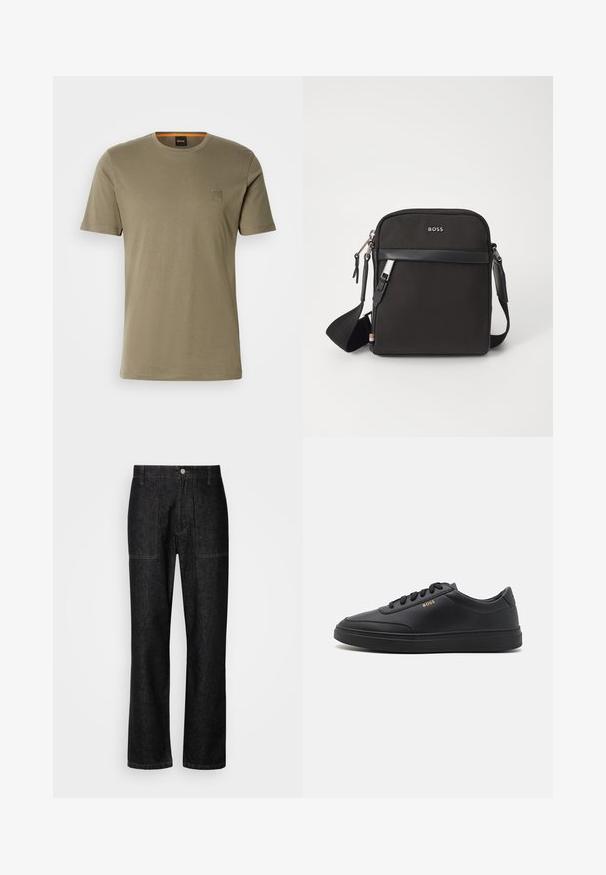 Olivegrünes Kurzarm-T-Shirt aus Baumwolle mit Rundhalsausschnitt und einem kleinen quadratischen Logopatch auf der linken Brust. Glatte Textur.; Schwarze Jeans mit geradem Bein, sichtbaren Nähten und einem Frontknopfverschluss. Enthält zwei Seitentaschen und zwei Gesäßtaschen.; Schwarze Leder-Sneaker mit glatter Textur, runder Zehenpartie, flacher Gummisohle und einfarbigen Schnürsenkeln. Mit goldfarbenem "BOSS" Logo an der Seite.; Schwarze Umhängetasche aus strukturiertem Stoff, mit Logo auf der Vorderseite, Reißverschluss und verstellbarem Tragegurt. Verfügt über eine glatte Lederbesatz.