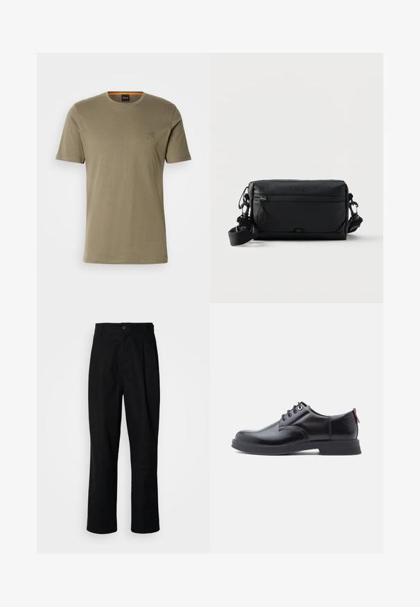 Olivegrünes Kurzarm-T-Shirt aus Baumwolle mit Rundhalsausschnitt und einem kleinen quadratischen Logopatch auf der linken Brust. Glatte Textur.; Schwarze gerade geschnittene Hosen mit einem Knopfverschluss, Gürtelschlaufen und Vorderfalten, vor einem schlichten weißen Hintergrund präsentiert.; Schwarze Leder-Schnürschuhe mit glatter Textur, rundem Zehenbereich und dezenten Ziernähten. Mit einem roten Laschenband an der Ferse.; Schwarze rechteckige Crossbody-Tasche mit Front-Reißverschlusstasche, verstellbarem Riemen und eingeprägtem "BOSS"-Logo oben in der Mitte.